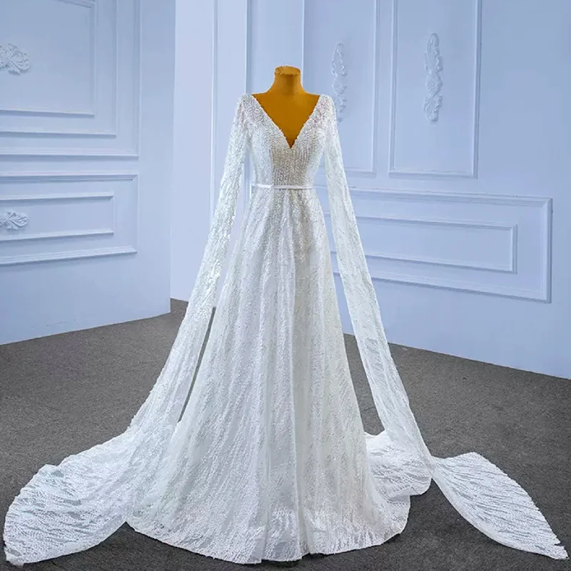 New Season Fashion Preview High-end Sequins Vneck Wedding Dress with Long Cape Sleeve Limited - Stock