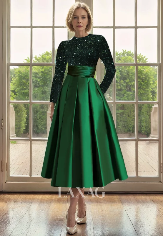 Limited Time Deal A-Line Round Long Sleeves Sequins Eleagnt Mother of the Bride Dress Romantic Detailing