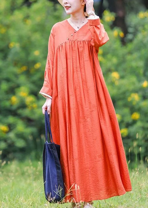 Sustainable Fashion Extravaganza Loose Orange V Neck Cinched tie waist Long Dresses Long Sleeve Effortless Comfort