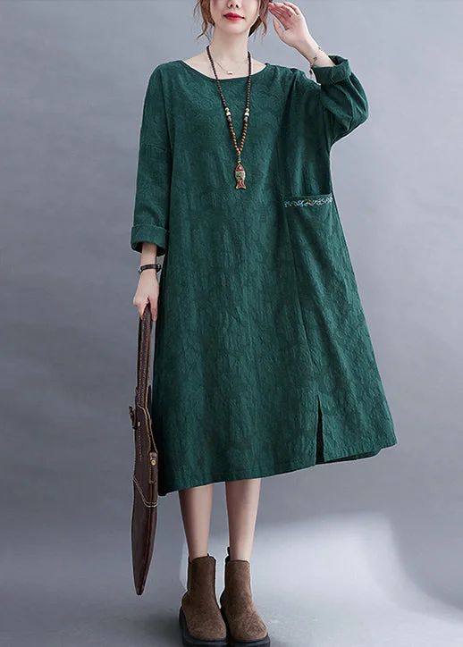 Flash Sales Fashion Green O-Neck side open Jacquard Pocket Linen Dress Long Sleeve Subtle Sophistication