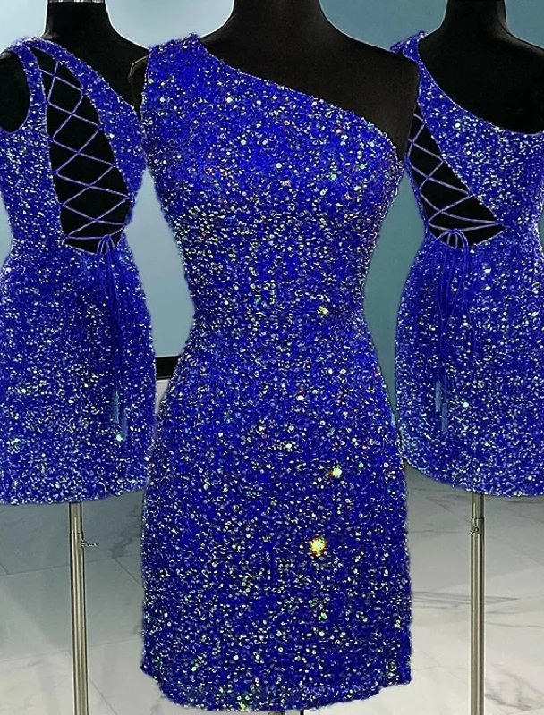 Buy More, Save More A-Line Short / Mini One Shoulder Sheath / Column Homecoming Dresses Sparkle & Shine Dress Holiday Sleeveless Sequined with Glitter Strappy Summer Fashion