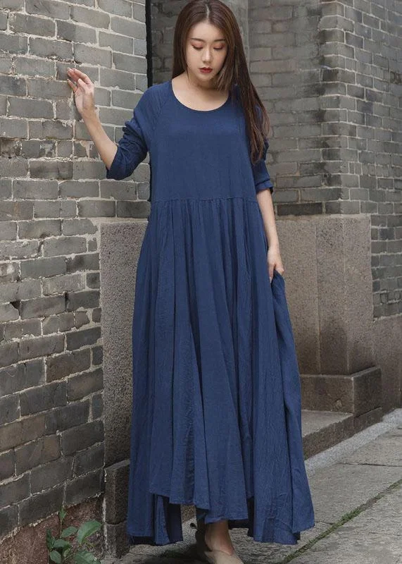 Hot Deals French blue patchwork cotton linen clothes For Women long sleeve Traveling summer Dresses Effortless Style