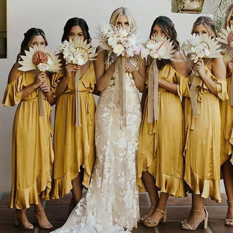 Mega Sale Sexy Mustard Yellow Spaghetti Strap Off-shoulder Mid-length Ruffle Bridesmaid Dress, BD3129 Limited - Edition Drops