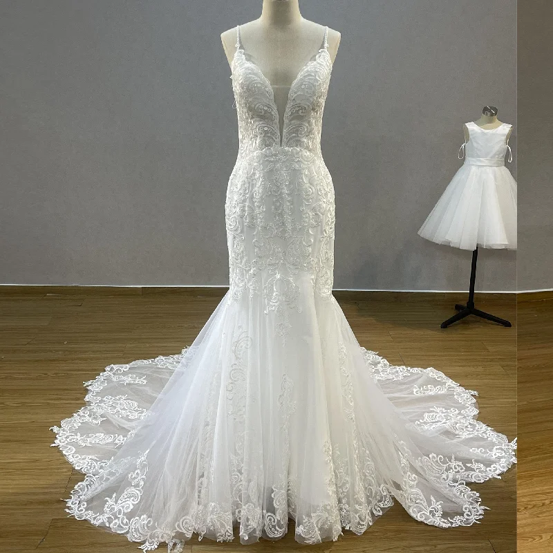 Limited Stock, Big Sale Plunging V-Neck Backless Lace Spaghetti Straps Mermaid Wedding Dress Feminine Soft - Hued Look