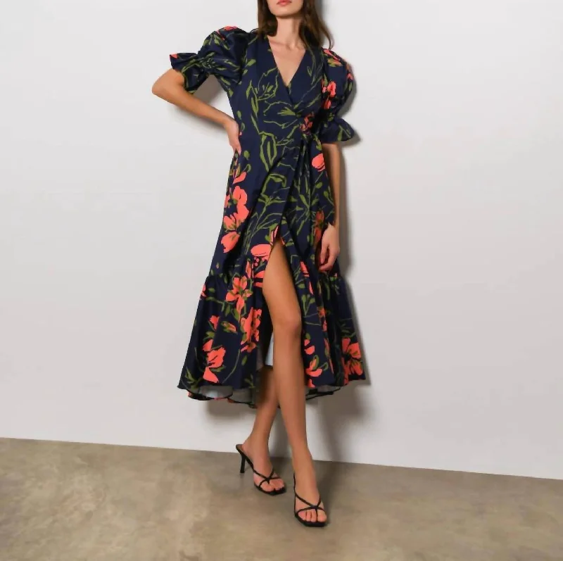 Daring Fashion Promotions Corina Wrap Dress In Navy Three Tone Floral Contemporary Elegance