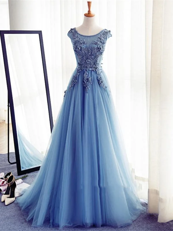 Shop Sales Custom Made Round Neck Sleeveless Tulle Lace Prom Dresses, Lace Formal Dresses Romantic Flair