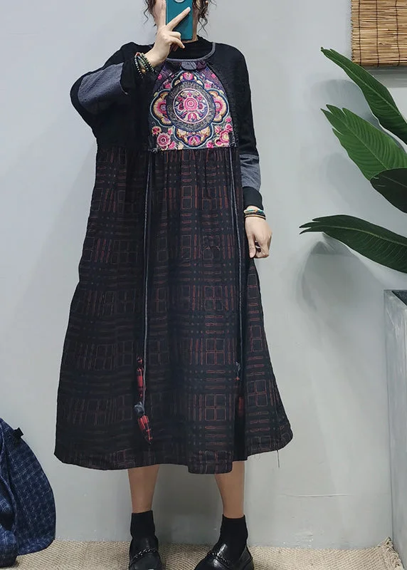 Hot Items Plus Size Black O-Neck Embroideried Patchwork Jacquard Long Dress Long Sleeve Sophisticated Cut