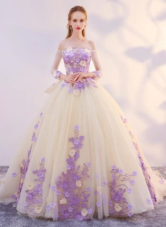 Break Fashion Norms Unique Champagne Tulle Ball Gown With Lavender Flowers Formal Dress, Sweet 16 Dresses prom dresses    cg21110 Modern Glamour