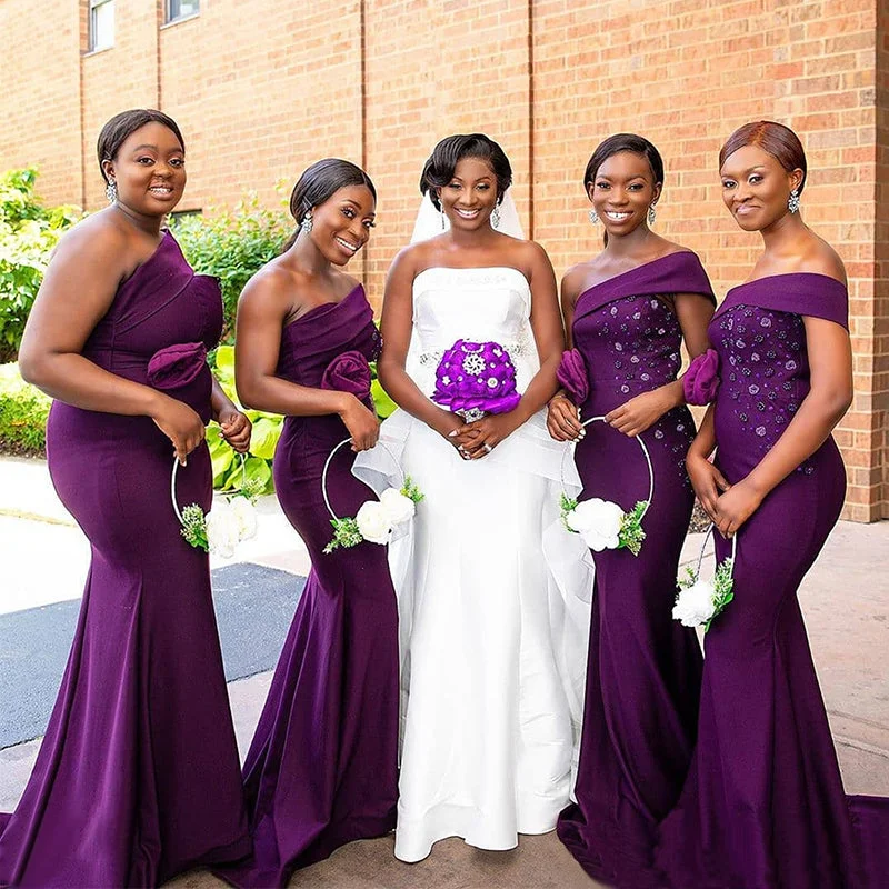 Chic And Trendy Elegant Mulberry Purple One-shoulder Lace Top Mermaid Long Bridesmaid Dress, BD3196 Alluring Design