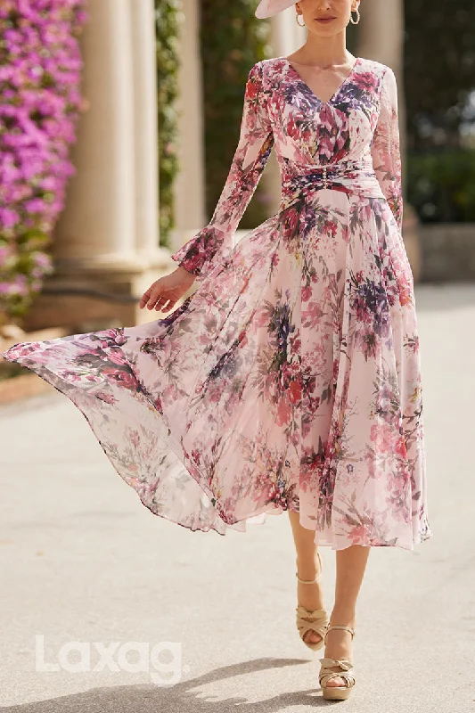 Trend Alert 23004 - A-Line V-Neck Long Sleeves Printed Chiffon Mother of the Bride Dress Casual Weekend Relaxed Style