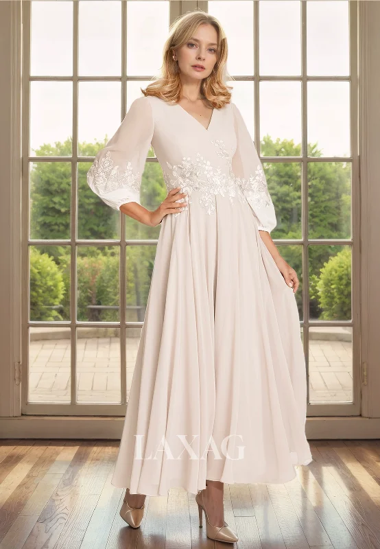 End-Of-Season Clearance A-Line V-Neck Long Sleeves Appliques Chiffon Mother of the Bride Dress Seasonal Trend