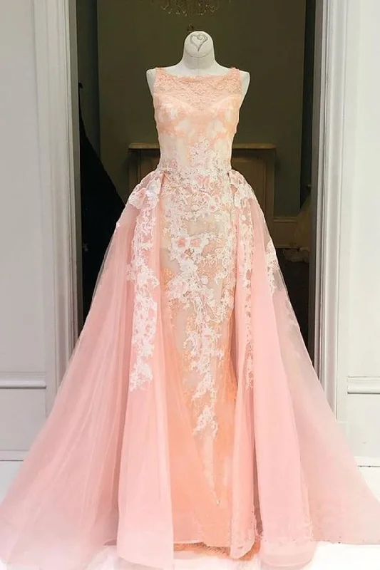 Browse Our Top Products Peach Lace Bateau Neck Long Halter Evening Gown, Formal Prom Dress    cg22212 Minimalist Elegant