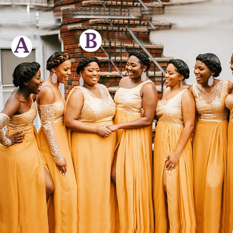 Special Offer For You Gold Mismatched Sparkling Top Side-slit A-line Long Bridesmaid Dresses, BD3192 Charming Silhouette