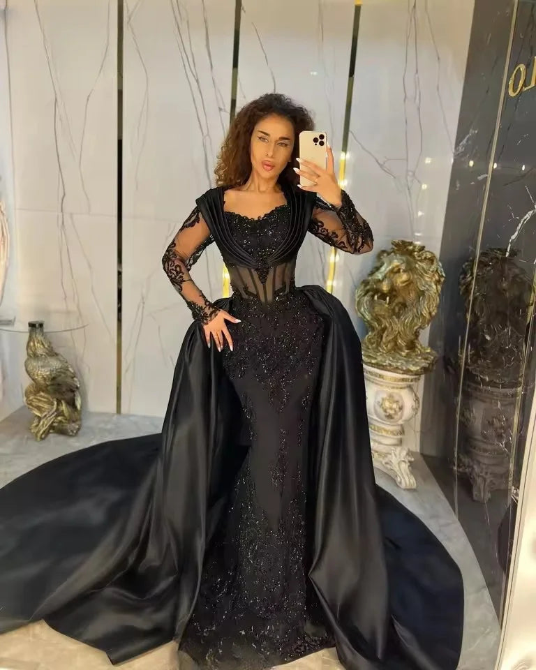 Chic Style, Always In Vogue Elegant Black Satin Prom Party Dresses For African With Overskirt Train 2025 Long Sleeves Formal Evening Occasion Gowns Custom Save On Classic Elegant Styles