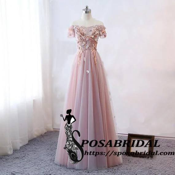 Statement Fashion Offers Pink Short Lace Sleeve Long A-Line Modest Popular Prom Dresses, Cheap Bridesmaid Dresses with Flowers ,WG325 Great Deals On Ethnic Cultural Wear