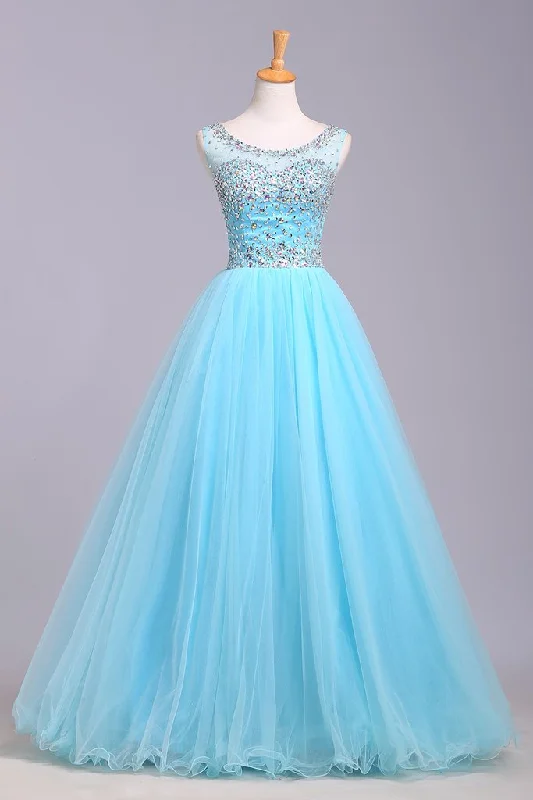 Trendy Styles Blue Scoop Sleeveless Tulle Prom Dress with Sequins, Floor Length Puffy Evening Dress M1505 Great Deals On Ethnic Cultural Wear