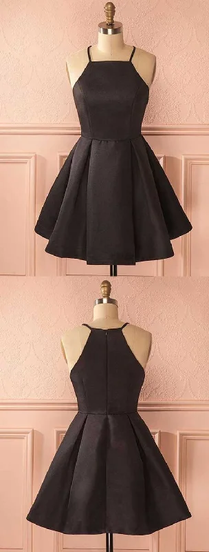 Feminine Style Promotions A-Line Square Neck Short Satin Black Homecoming Dress with Pleats S414 Vintage Look