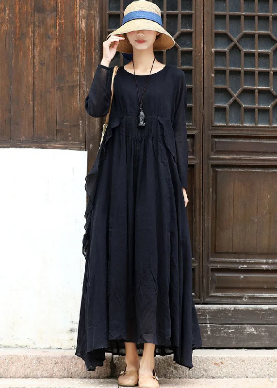 Popular Collection Women Black Asymmetrical Design Cotton Loose Dress Long Sleeve Flowing Silhouette