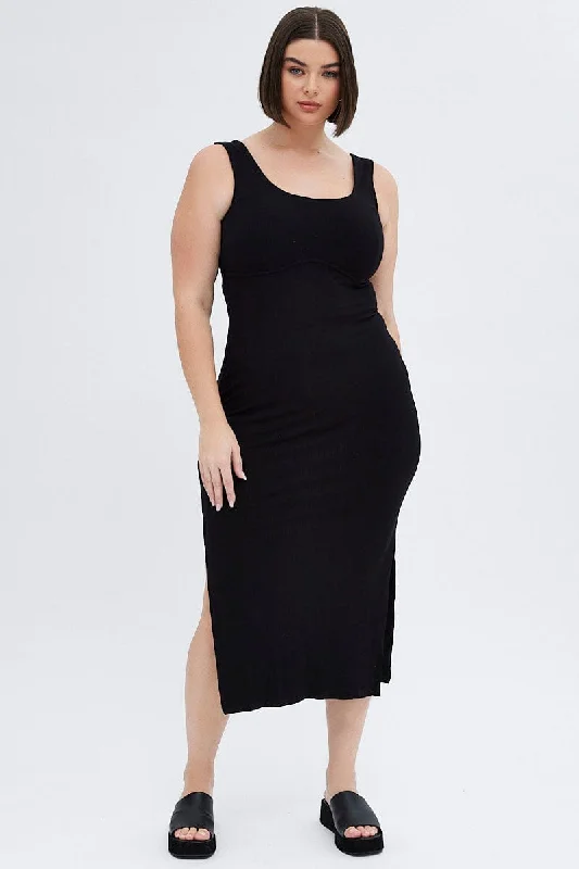 Trend Forward Threads Black Bodycon Dress Rib Jersey Sleeveless Midi Flowing Silhouette