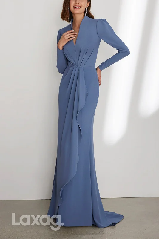 Summer Fashion 22958 - V-Neck Long Sleeves Cocktail Party Formal Evening Dress with Train Nordic Minimalist Home Look