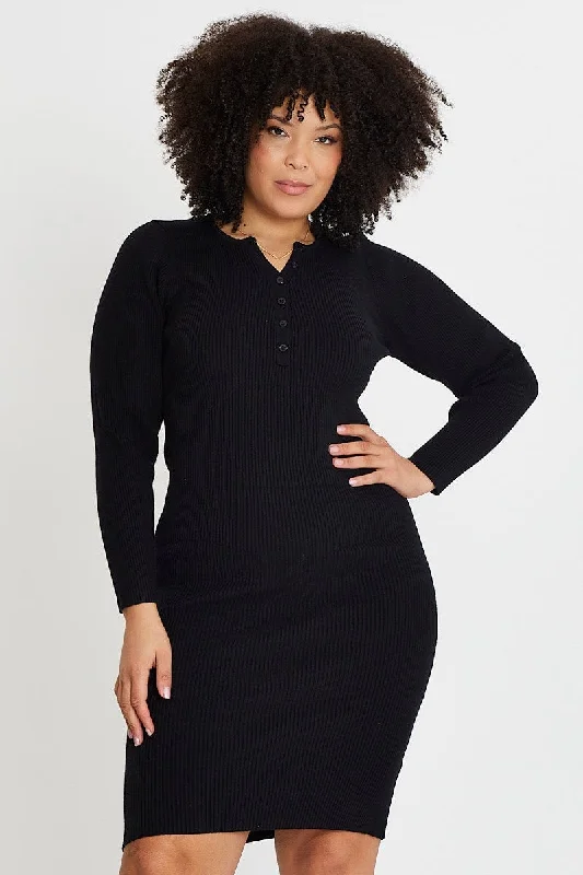 Stylish Looks Black Midi Knit Bodycon Dress V-neck Long Sleeve Feminine Flow