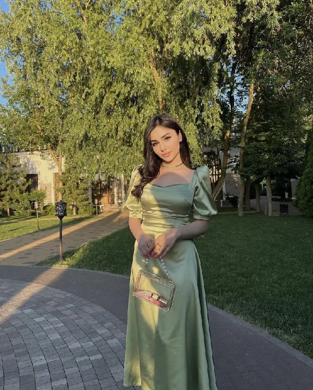 Flash Sale Sage Green A-line Satin Prom Dress Flowy Fabric