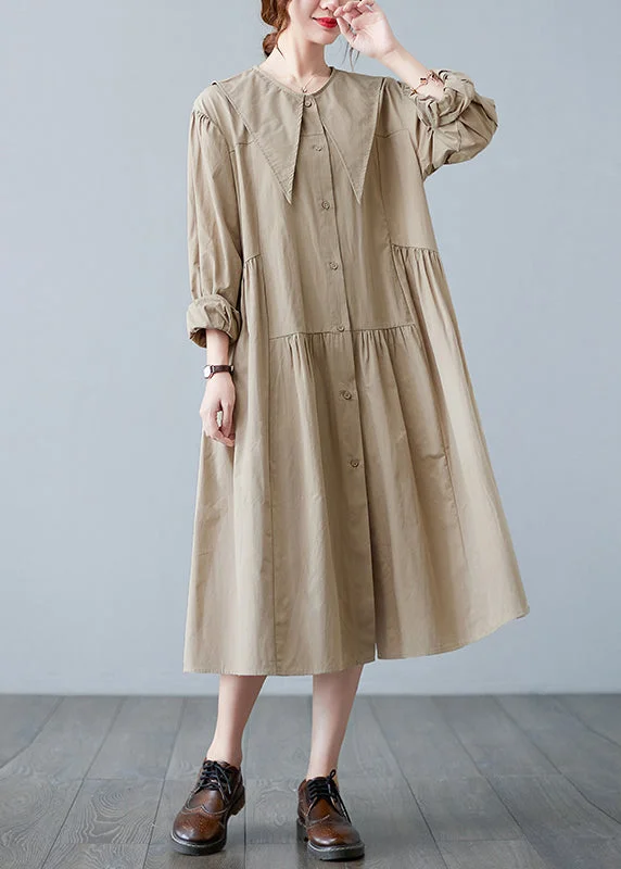 Spring Offer Plus Size Apricot Sailor Collar Button Wrinkled Long Dress Long sleeve Romantic Date - Night Ensemble