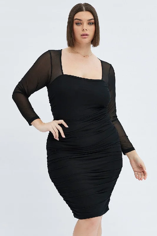 Fashion Sale Black Bodycon Dress Long Sleeve Ruched Mesh Refined Simplicity