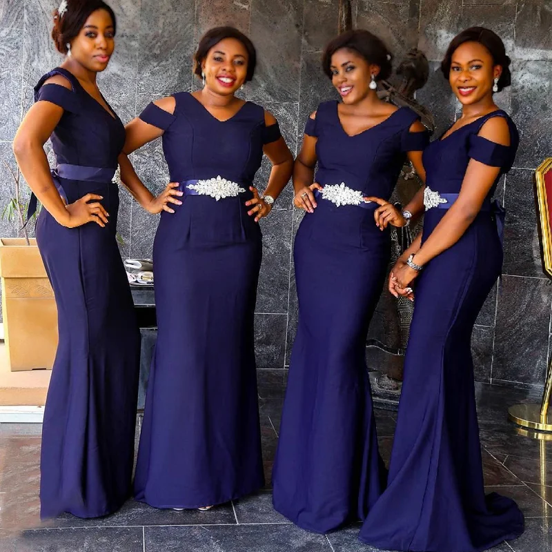 Trendy Street Style Navy Blue Elegant Cheap Cap-sleeve Mermaid Long Bridesmaid Dress, BD3054 Subtle Sophistication