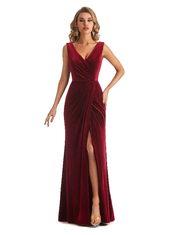 Flash Sale, Don'T Miss Sexy Sheath Velvet V-neck Side Slit Long Wedding guest Dresses Everyday Glamour