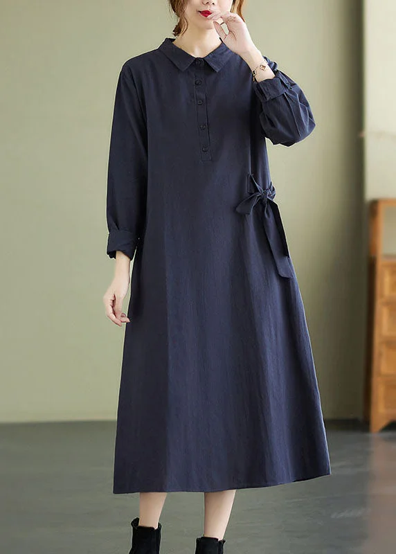 Flash Sale, Don'T Miss Navy tie waist Cotton Vacation Dresses Long Sleeve Limited - Edition Drops