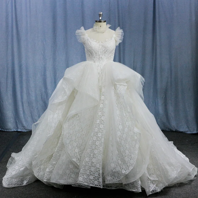 Style Redefined Ball Gown Lace Sheer High-Neck Bridal Wedding Dress with Long Train Luxury Style