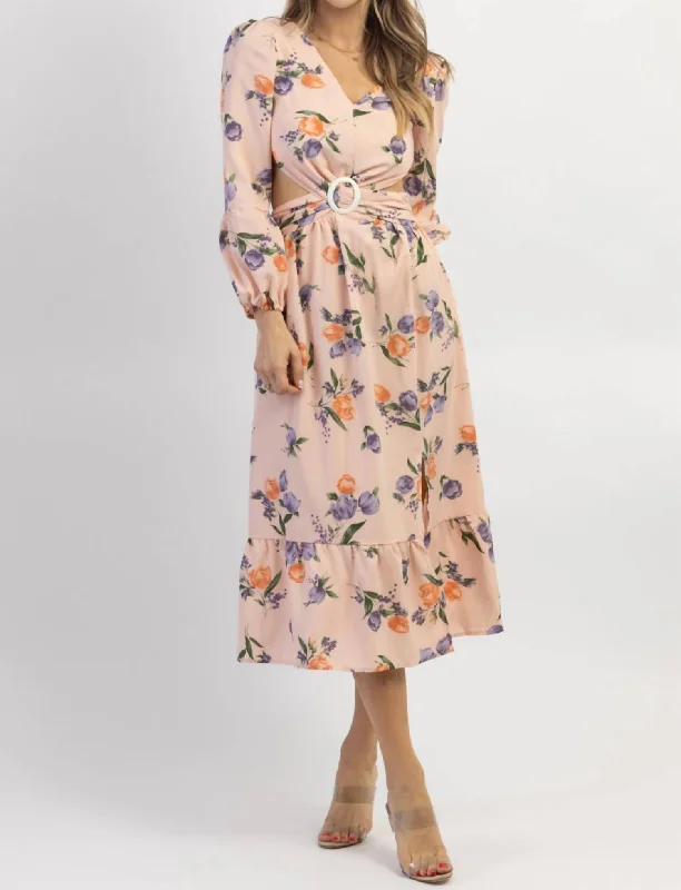 Special Offer Floral Buckle Midi Dress In Baby Pink Lightweight Fabric