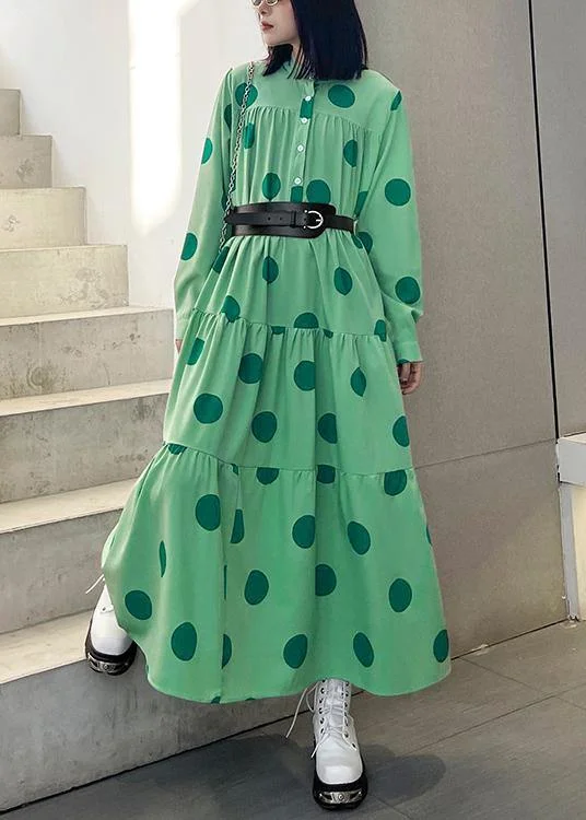 Durable Fashion Picks Stylish Green Dot Button Long sleeve Dress Spring Luxe Layering