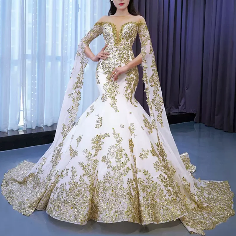 Flash Sale Now Gorgeous High-end Trumpet Wedding Dress with Long Cape Sleeve Contemporary Elegance