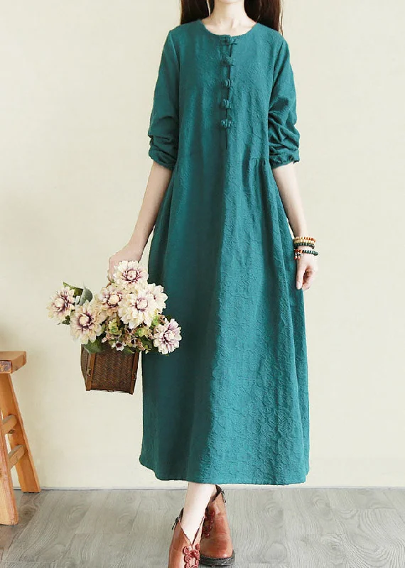 Buy More, Save More Handmade Peacock Green O-Neck button Cinched Long Dresses Long Sleeve Art Deco Geometric Pattern Look