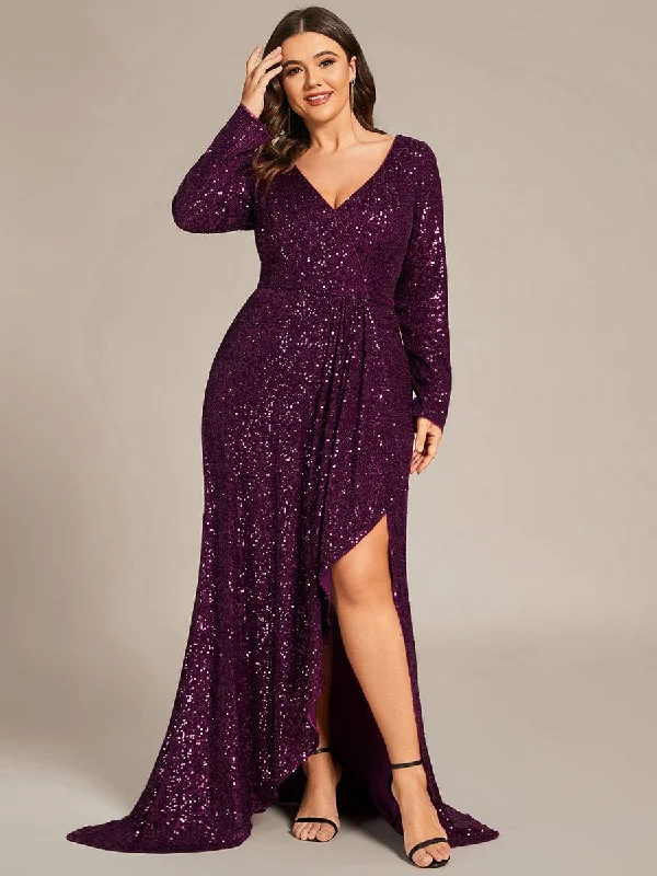 Athleisure Style Sale Custom Size Sequin Long Sleeve V-Neck High Slit Bodycon Evening Dress Elegant Ensemble