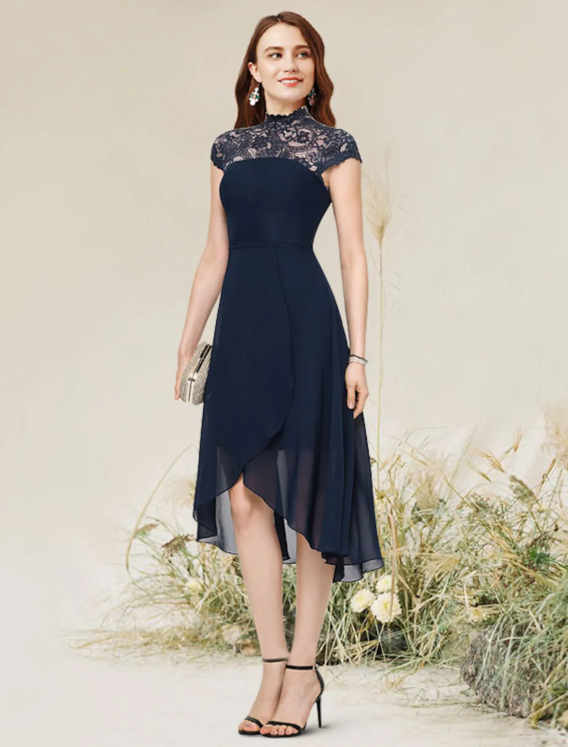 Style Revolution A-Line Cocktail Dresses Homecoming Asymmetrical Sleeveless Neck Chiffon with Lace Sophisticated Cut