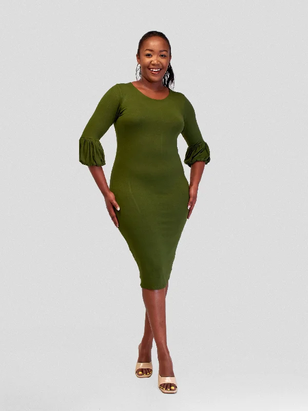 Crazy Price Slashing Vivo Basic Puff Sleeved Bodycon - Hunters Green Bold Patterns