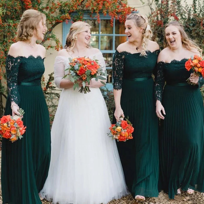 Fashionista Favorites Sexy Lace Top Off-shoulder Hunter Green Sleeves A-line Long Bridesmaid Dresses, BD3143 Exquisite Craftsmanship