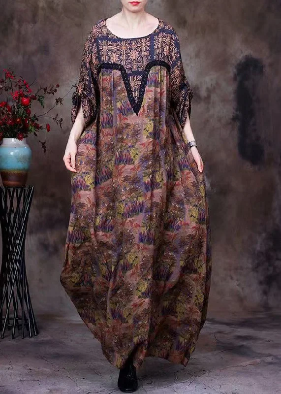 Discover Promotions Plus Size Chocolate O-Neck Lace Patchwork Print Silk Long Dresses Long Sleeve Refined Look