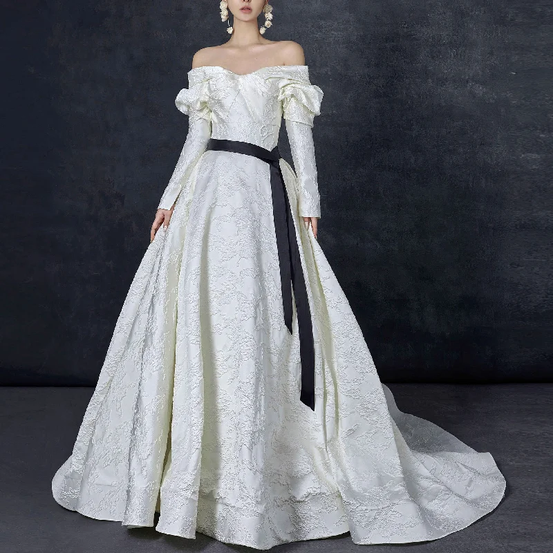 Bold Fashion Sales Embroidery A-line Wedding Dress with Off the Shoulder Long Sleeve Graceful Cut