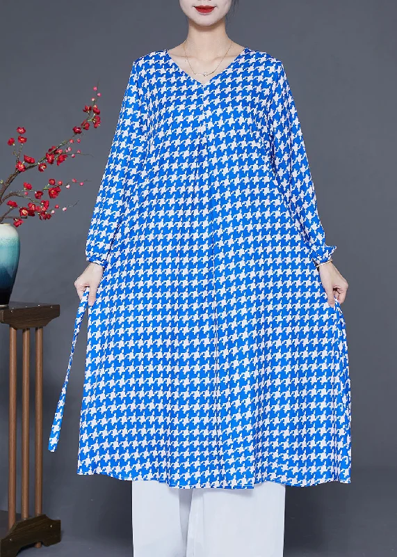 Chic Style, Always In Vogue Boutique Blue V Neck Plaid Silk Holiday Dress Long Sleeve Luxury Comfort