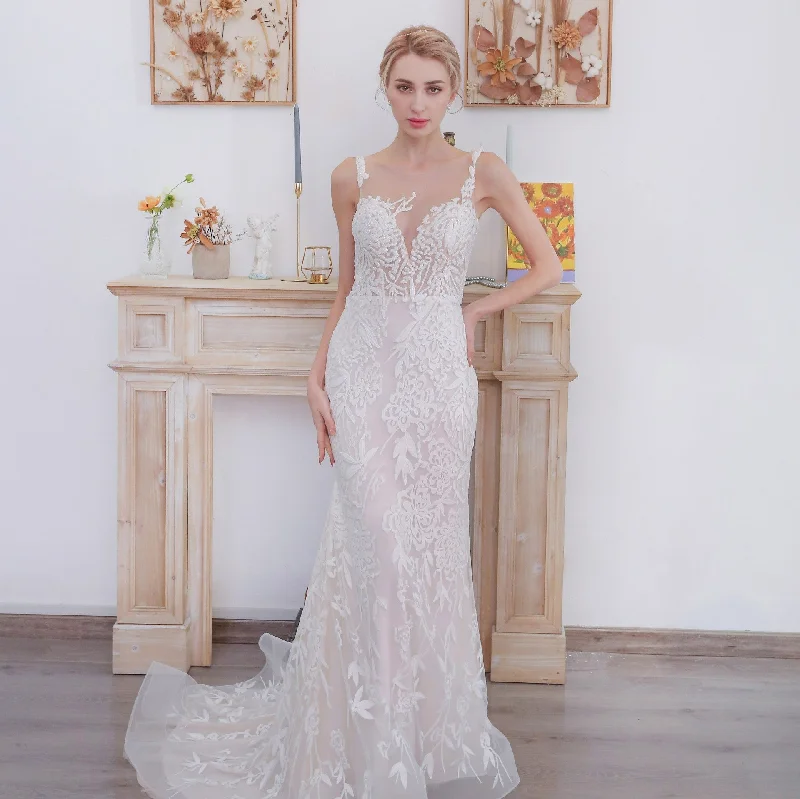 Unleash Your Trend Driven Style Sleeveless Illusion Neckline Sheer Lace Mermaid Wedding Dress Floral Style