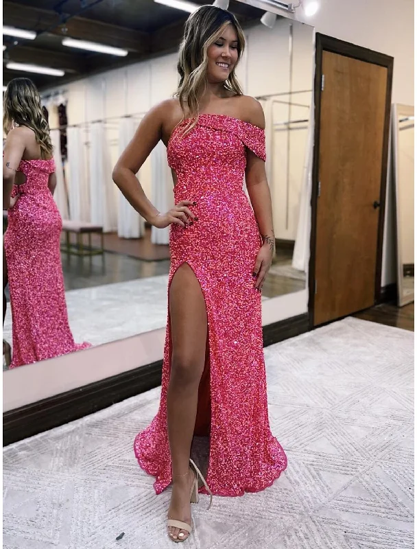 Premium Style Prom Dresses Sparkle Shine Dress Formal Sleeveless One Shoulder Sequined with Slit Graceful Cut