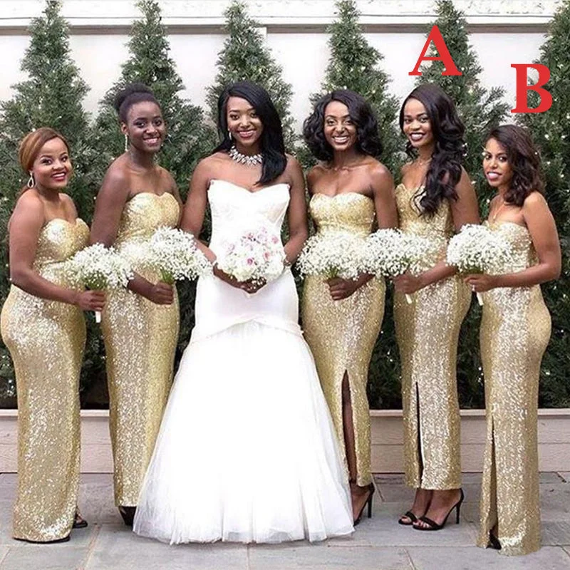 Seasonal Trends Sparkly Gold Strapless Sweetheart Side-slit Mermaid Bridesmaid Dresses, BD3144 Effortless Style