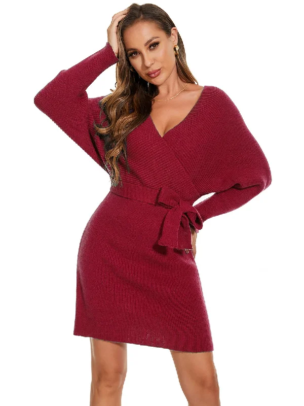 Luxe Style Discounts V Neck Bodycon Mini Sweater Dress With Belt Feminine Flow