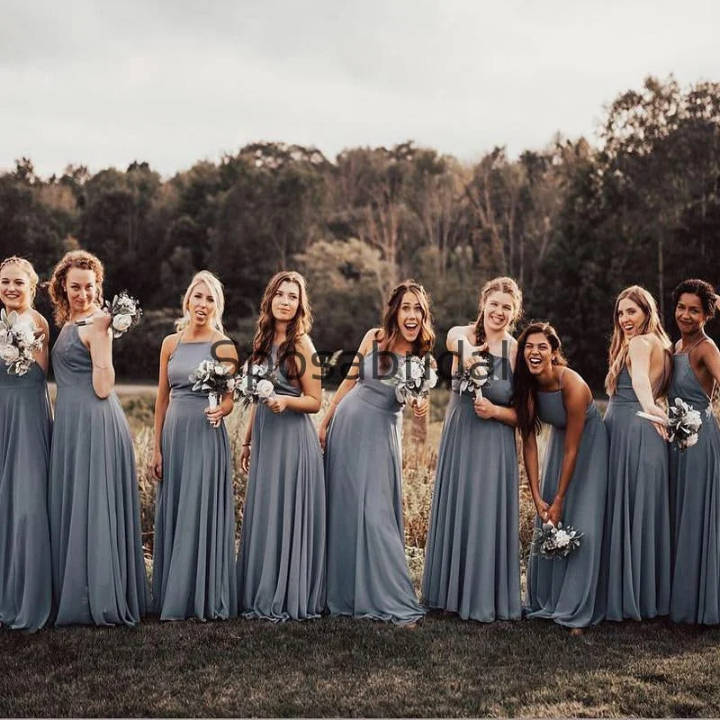 Exclusive Deals Online Cheap Dusty Blue Hot Sale Simple Long Beach Summer Bridesmaid Dresses WG851 Feminine Elegance