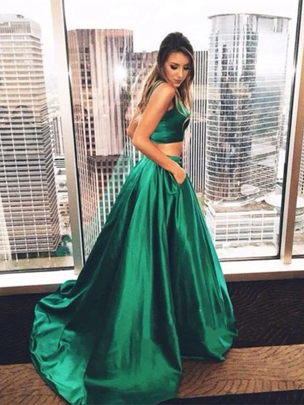 Trendy Fashion Sale Charming A Line Sleeveless Two Pieces Green Prom Dresses, Green Formal Dresses Graceful Cut