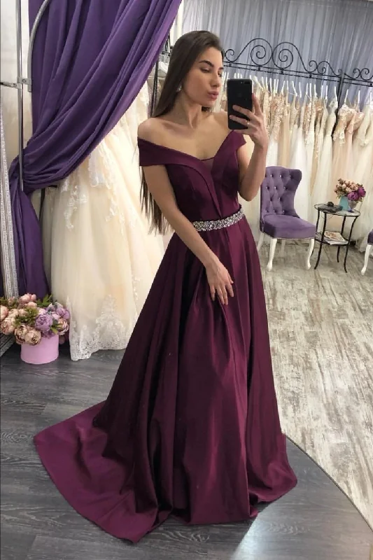 Unleash Your Fashion Grape Purple Satin Prom Dresses with Beaded Belt Y933 Classic Timeless Elegant Style